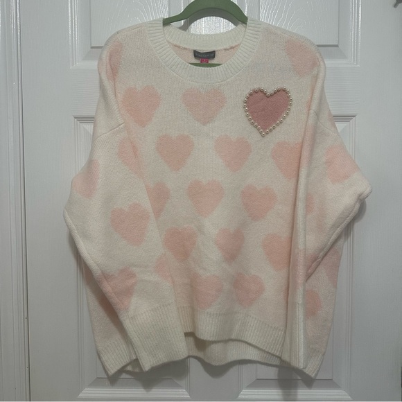 Vince Camuto Sweaters - Vince Camuto Cream and Pink Heart Sweater with Pearl Detail Size Large.